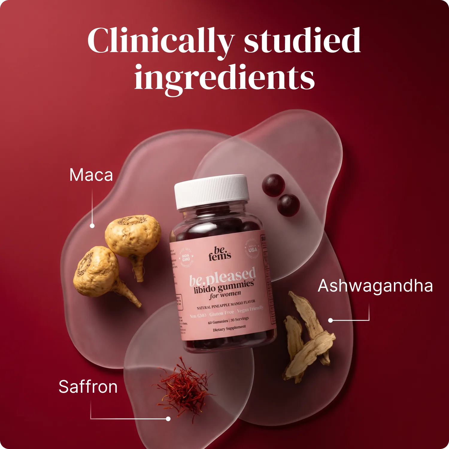 be.pleased clinically studied ingredients: Maca, Ashwagandha, Saffron